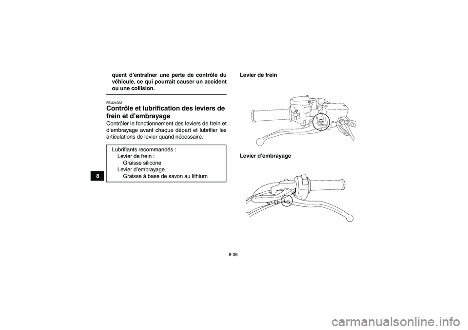 YAMAHA YFM350R 2011  Notices Demploi (in French) 8-36
8quent d’entraîner une perte de contrôle du
véhicule, ce qui pourrait causer un accident
ou une collision.
FBU24922Contrôle et lubrification des leviers de 
frein et d’embrayage Contrôle
