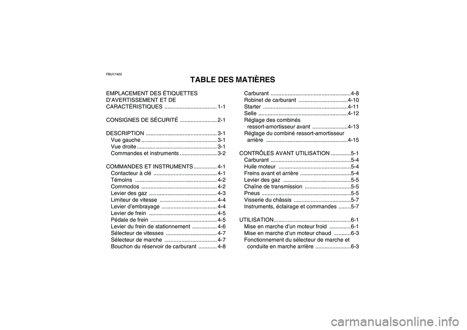 YAMAHA YFM350R 2011  Notices Demploi (in French) FBU17420
TABLE DES MATIÈRES
EMPLACEMENT DES ÉTIQUETTES 
D’AVERTISSEMENT ET DE 
CARACTÉRISTIQUES .................................. 1-1
CONSIGNES DE SÉCURITÉ ........................ 2-1
DESCRIP