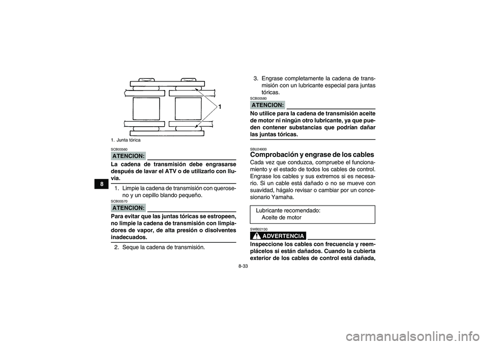 YAMAHA YFM350R 2008  Manuale de Empleo (in Spanish) 8-33
8
ATENCION:SCB00560La cadena de transmisión debe engrasarse
después de lavar el ATV o de utilizarlo con llu-via.
1. Limpie la cadena de transmisión con querose-
no y un cepillo blando pequeño