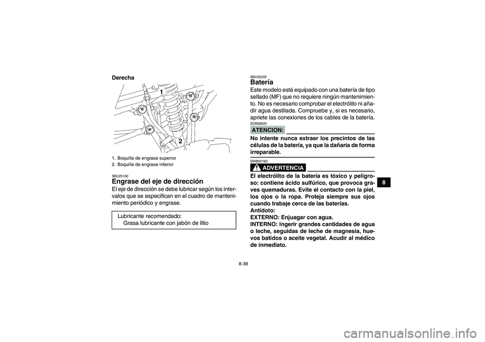 YAMAHA YFM350R 2008  Manuale de Empleo (in Spanish) 8-38
8 Derecha
SBU25100Engrase del eje de dirección El eje de dirección se debe lubricar según los inter-
valos que se especifican en el cuadro de manteni-
miento periódico y engrase.
SBU25222Bate