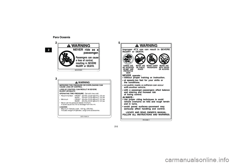 YAMAHA YFM350R 2008  Manuale de Empleo (in Spanish) 2-5
2Para Oceanía
U5YT64S0.book  Page 5  Friday, April 6, 2007  7:49 PM 