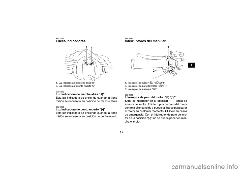 YAMAHA YFM350R 2008  Manuale de Empleo (in Spanish) 4-2
4
SBU17791Luces indicadoras SBU17830Luz indicadora de marcha atrás “” 
Esta luz indicadora se enciende cuando la trans-
misión se encuentra en posición de marcha atrás.SBU17860Luz indicado