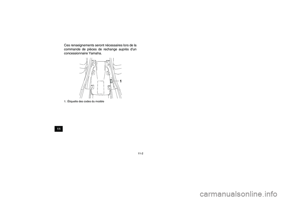 YAMAHA YFM350R-W 2007  Notices Demploi (in French) 11-2
11Ces renseignements seront nécessaires lors de la
commande de pièces de rechange auprès d’un
concessionnaire Yamaha.
1.Étiquette des codes du modèleU10P60F0.book  Page 2  Thursday, June 1