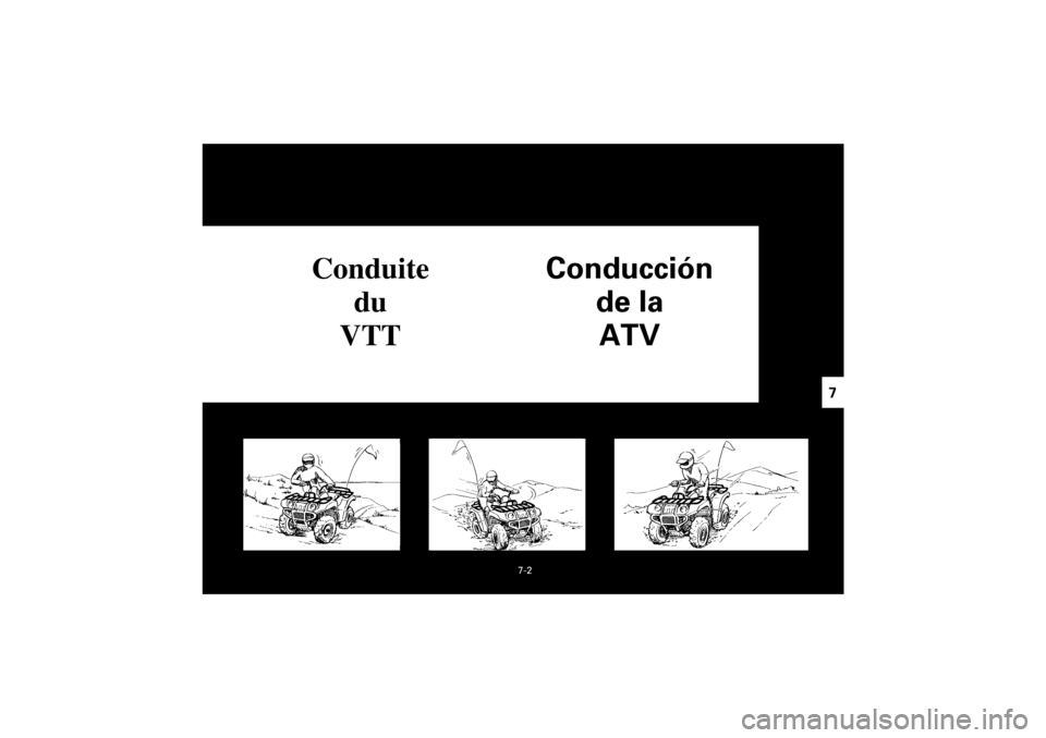 YAMAHA YFM400F 2001  Owners Manual  
Yuki_Data:Yuki_data:Yuki:Yuki_1:ATV:HM00B061_YFM400FWA-61:YFM600-7.frame 
ER 
7-2 
7 
Conduite 
du 
VTT 
Conducción 
de la 
ATV 