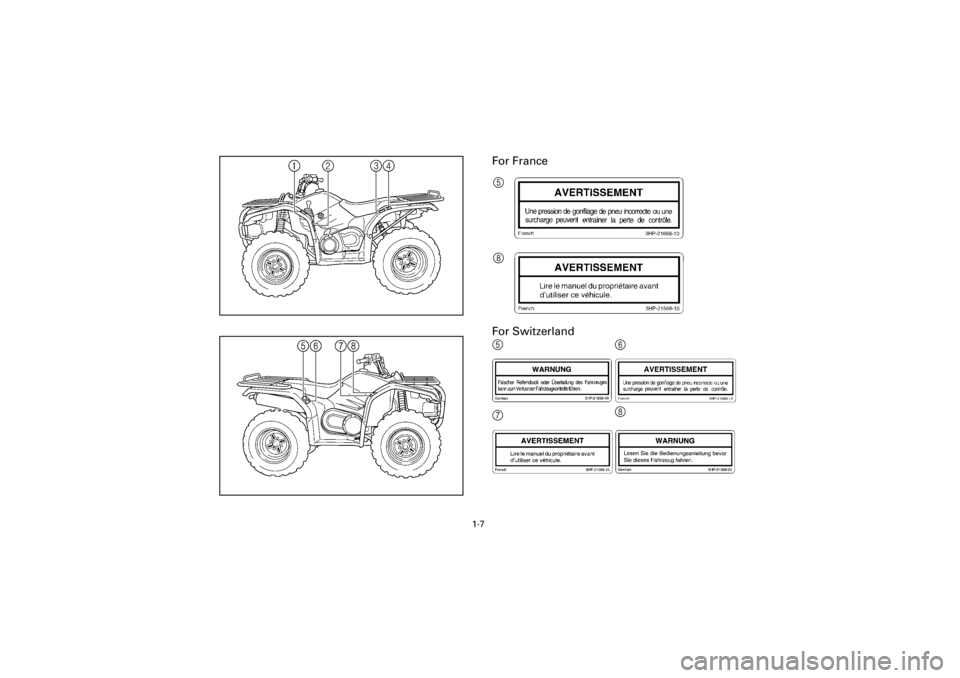 YAMAHA YFM400F 2001  Manuale de Empleo (in Spanish)  
1-7 
Yuki_Data:Yuki_data:Yuki:Yuki_1:ATV:HM00B061_YFM400FWA-61:YFM600-1.frame 
EL 
For France
For Switzerland5
8
56
78 
