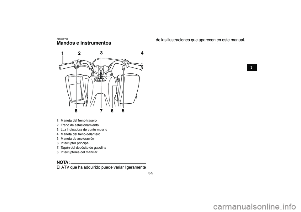 YAMAHA YFM50R 2007  Manuale de Empleo (in Spanish)  
3-2 
1
23
4
5
6
7
8
9
10
11
 
SBU17712 
Mandos e instrumentos
NOTA:
 
El ATV que ha adquirido puede variar ligeramente 
de las ilustraciones que aparecen en este manual. 
1.  Maneta del freno traser