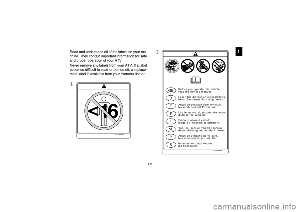 YAMAHA YFM660R 2002  Owners Manual 1-2
1
Read and understand all of the labels on your ma-
chine. They contain important information for safe
and proper operation of your ATV.
Never remove any labels from your ATV. If a label
becomes d