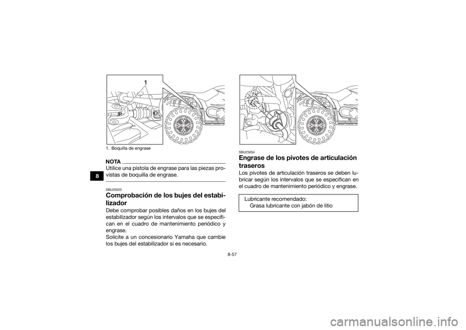 YAMAHA YFM700R 2019  Manuale de Empleo (in Spanish) 8-57
8
NOTAUtilice una pistola de engrase para las piezas pro-
vistas de boquilla de engrase. SBU25023Comprobación de los bujes del estabi-
lizadorDebe comprobar posibles daños en los bujes del
esta