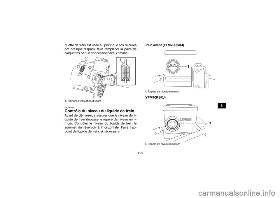 YAMAHA YFM700R 2018  Notices Demploi (in French) 8-32
8
quette de frein est usée au point que ses rainures
ont presque disparu, faire remplacer la paire de
plaquettes par un concessionnaire Yamaha.
FBU26829Contrôle du niveau du liquide de freinAva