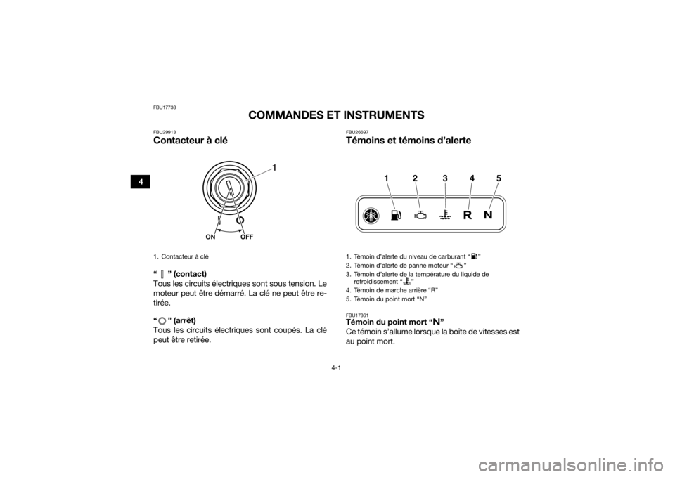 YAMAHA YFM700R 2018  Notices Demploi (in French) 4-1
4
FBU17738
COMMANDES ET INSTRUMENTS
FBU29913Contacteur à clé“ ” (contact)
Tous les circuits électriques sont sous tension. Le
moteur peut être démarré. La clé ne peut être re-
tirée.
