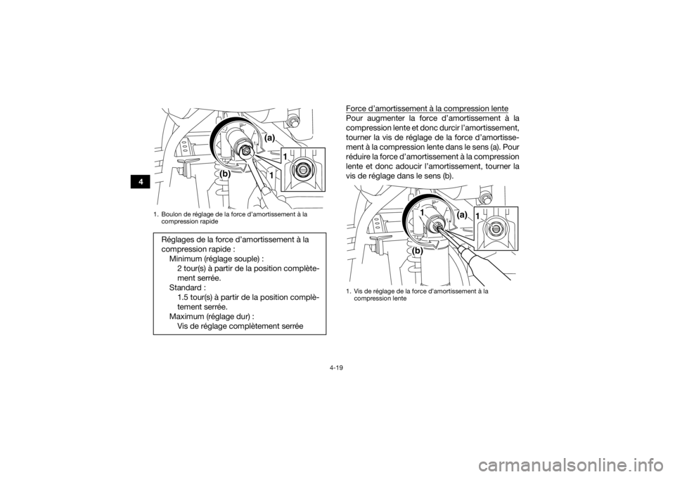 YAMAHA YFM700R 2018  Notices Demploi (in French) 4-19
4Force d’amortissement à la compression lente
Pour augmenter la force d’amortissement à la
compression lente et donc durcir l’amortissement,
tourner la vis de réglage de la force d’amo