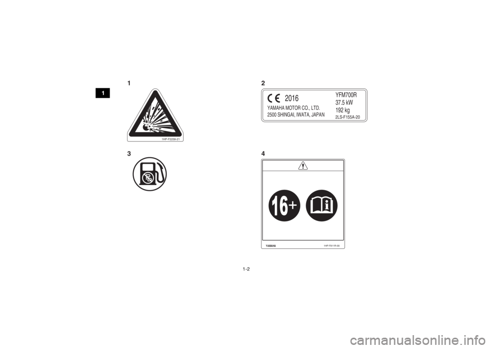 YAMAHA YFM700R 2017  Manuale de Empleo (in Spanish) 1-2
1
1HP-F2259-21
YAMAHA MOTOR CO., LTD.
2500 SHINGAI, IWATA, JAPAN
YFM700R
37.5 kW
192 kg
2016
2LS-F155A-20
YAMAHA
1HP-F811R-00
124
3
U2LS62S0.book  Page 2  Tuesday, February 23, 2016  3:28 PM 