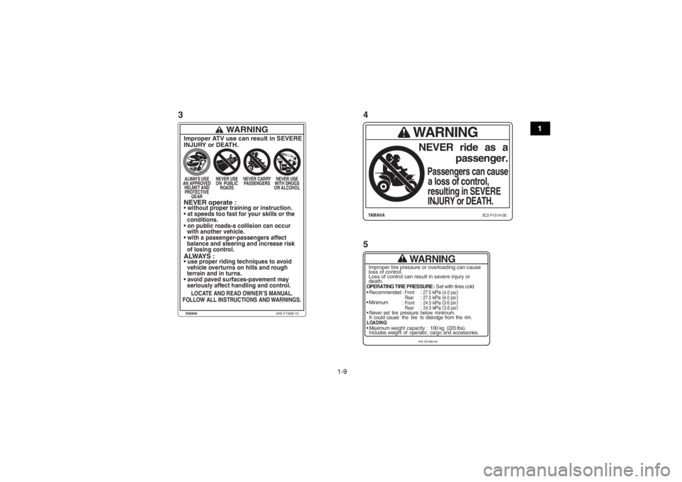 YAMAHA YFM700R 2017  Manuale de Empleo (in Spanish) 1-9
1
WARNING
OPERATING TIRE PRESSURE : Set with tires cold
Recommended
 : Front
 : 27.5
 kPa
Rear
: 27.5
 kPa

Minimum
: Front
 : 24.5
 kPa
Rear
: 24.5
 kPa

Never set  tire  pressure  below  minimum