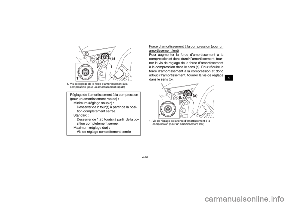 YAMAHA YFM700R 2016  Notices Demploi (in French) 4-26
4
Force d’amortissement à la compression (pour un
amortissement lent)Pour augmenter la force d’amortissement à la
compression et donc durcir l’amortissement, tour-
ner la vis de réglage 