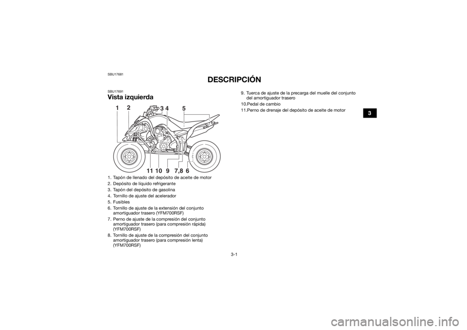 YAMAHA YFM700R 2015  Manuale de Empleo (in Spanish) 3-1
3
SBU17681
DESCRIPCIÓN
SBU17691Vista izquierda1. Tapón de llenado del depósito de aceite de motor
2. Depósito de líquido refrigerante
3. Tapón del depósito de gasolina
4. Tornillo de ajuste