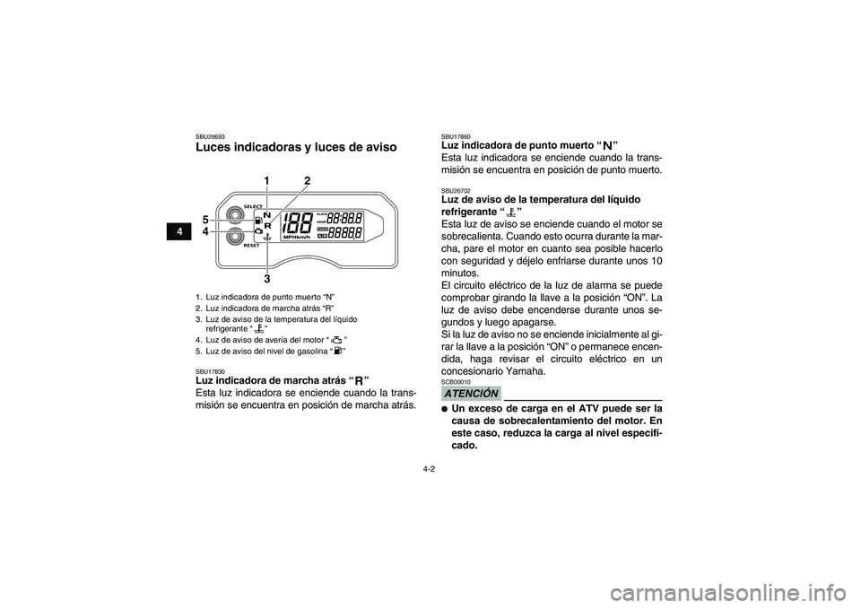 YAMAHA YFM700R 2010 Manuale de Empleo (in Spanish) 4-2
4
SBU26693Luces indicadoras y luces de aviso SBU17830Luz indicadora de marcha atrás“”
Esta luz indicadora se enciende cuando la trans-
misión se encuentra en posición de marcha atrás.
SBU YAMAHA YFM700R 2010 Manuale de Empleo (in Spanish) 4-2
4
SBU26693Luces indicadoras y luces de aviso SBU17830Luz indicadora de marcha atrás“”
Esta luz indicadora se enciende cuando la trans-
misión se encuentra en posición de marcha atrás.
SBU