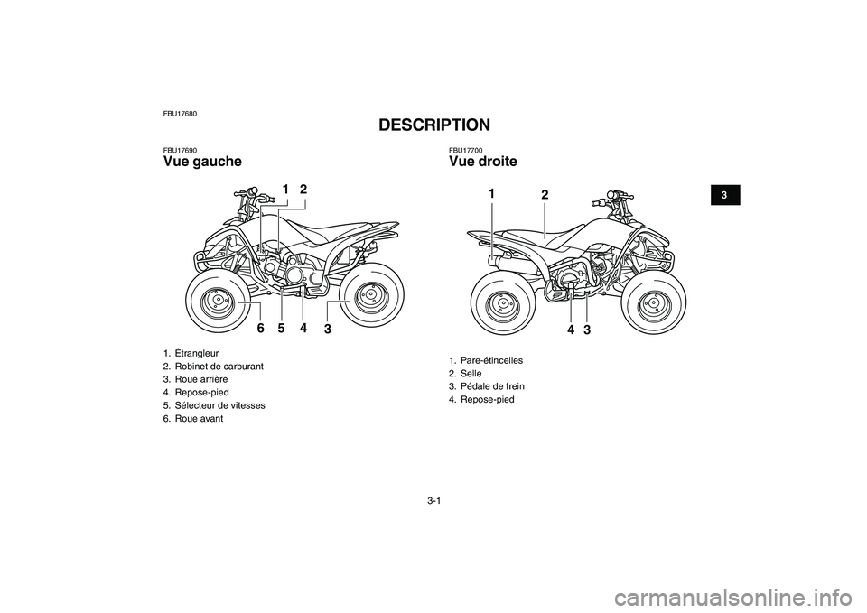 YAMAHA YFM80R 2008  Notices Demploi (in French)  
3-1 
1
23
4
5
6
7
8
9
10
11
 
FBU17680 
DESCRIPTION  
FBU17690 
Vue gauche 
FBU17700 
Vue droite 
1. Étrangleur
2.  Robinet de carburant
3. Roue arrière
4. Repose-pied
5.  Sélecteur de vitesses
6