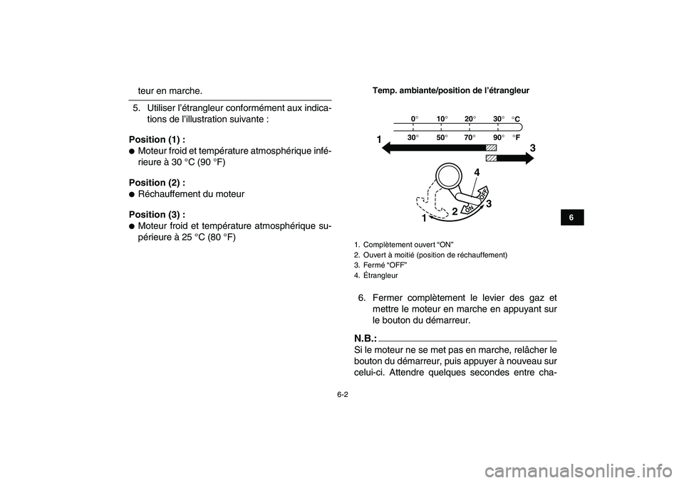 YAMAHA YFM80R 2008  Notices Demploi (in French)  
6-2 
1
2
3
4
56
7
8
9
10
11
 
teur en marche.
5. Utiliser l’étrangleur conformément aux indica-
tions de l’illustration suivante : 
Position (1) : 
 
Moteur froid et température atmosphériq