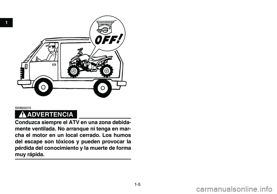 YAMAHA YFM80R 2007  Manuale de Empleo (in Spanish)  
1-5 
1
2
3
4
5
6
7
8
9
10
11
ADVERTENCIA
 
SWB00070  
Conduzca siempre el ATV en una zona debida-
mente ventilada. No arranque ni tenga en mar-
cha el motor en un local cerrado. Los humos
del escape