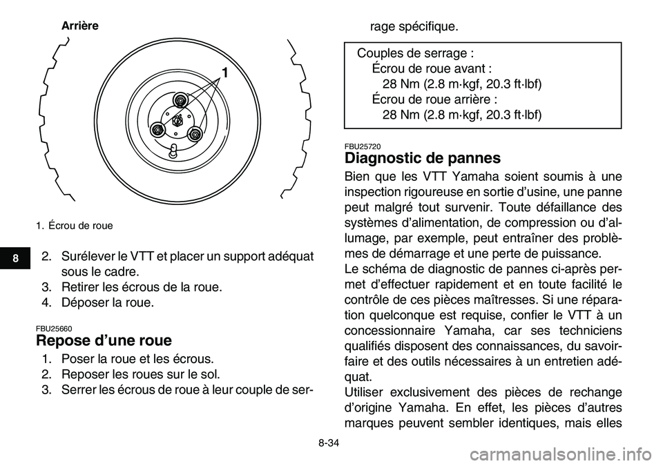 YAMAHA YFM80R 2007  Notices Demploi (in French)  
8-34 
1
2
3
4
5
6
78
9
10
11
Arrière
 
2. Surélever le VTT et placer un support adéquat
sous le cadre.
3. Retirer les écrous de la roue.
4. Déposer la roue. 
FBU25660 
Repose d’une roue  
1. 
