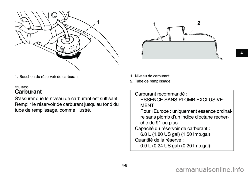YAMAHA YFM80R 2007  Notices Demploi (in French)  
4-8 
1
2
34
5
6
7
8
9
10
11
 
FBU18750 
Carburant  
S’assurer que le niveau de carburant est suffisant.
Remplir le réservoir de carburant jusqu’au fond du
tube de remplissage, comme illustré. 