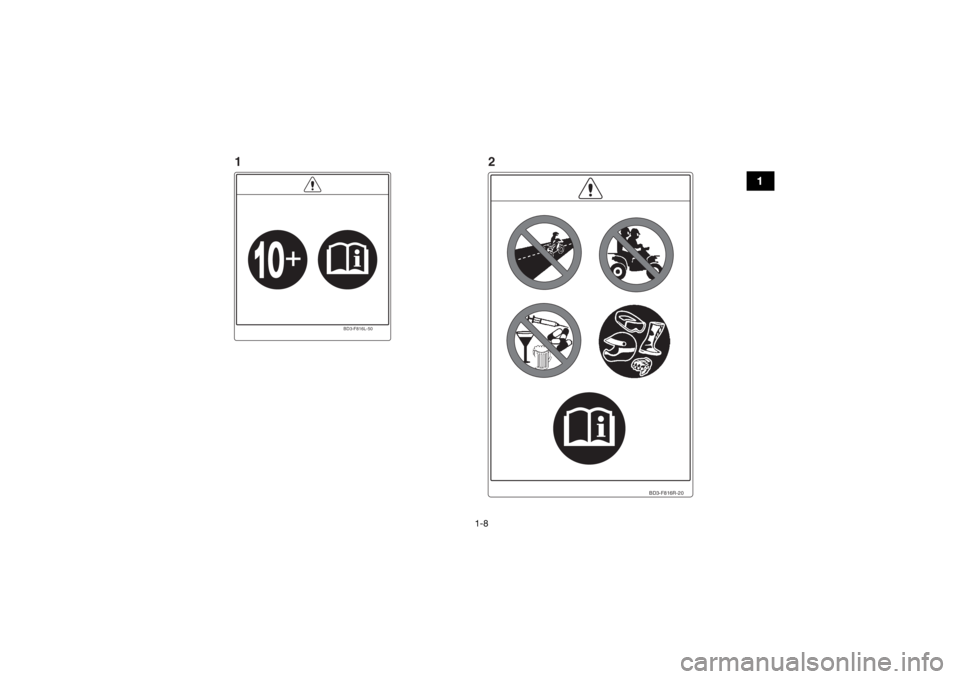 YAMAHA YFM90 2018  Owners Manual 1-8
1
BD3-F816R-20
BD3-F816L-50
12
UBD362E0.book  Page 8  Tuesday, January 31, 2017  5:10 PM 