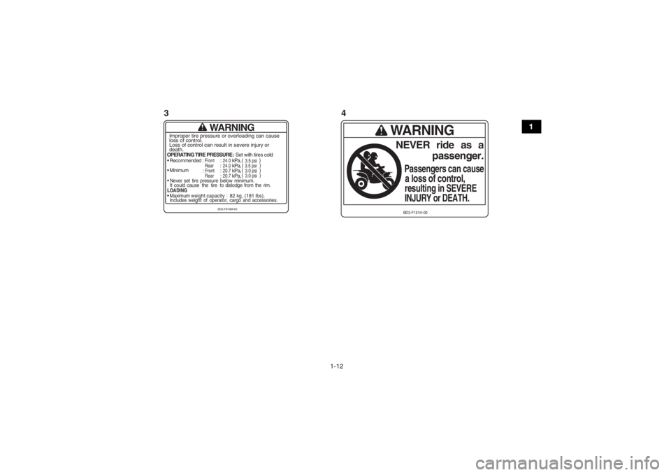 YAMAHA YFM90 2018  Owners Manual 1-12
1
WARNING
OPERATING TIRE PRESSURE : Set with tires cold
Recommended
 : Front
 : 24.0
 kPa,
Rear
: 24.0
 kPa,

Minimum
: Front
 : 20.7
 kPa,
Rear
: 20.7
 kPa,

Never set  tire  pressure  below  mi