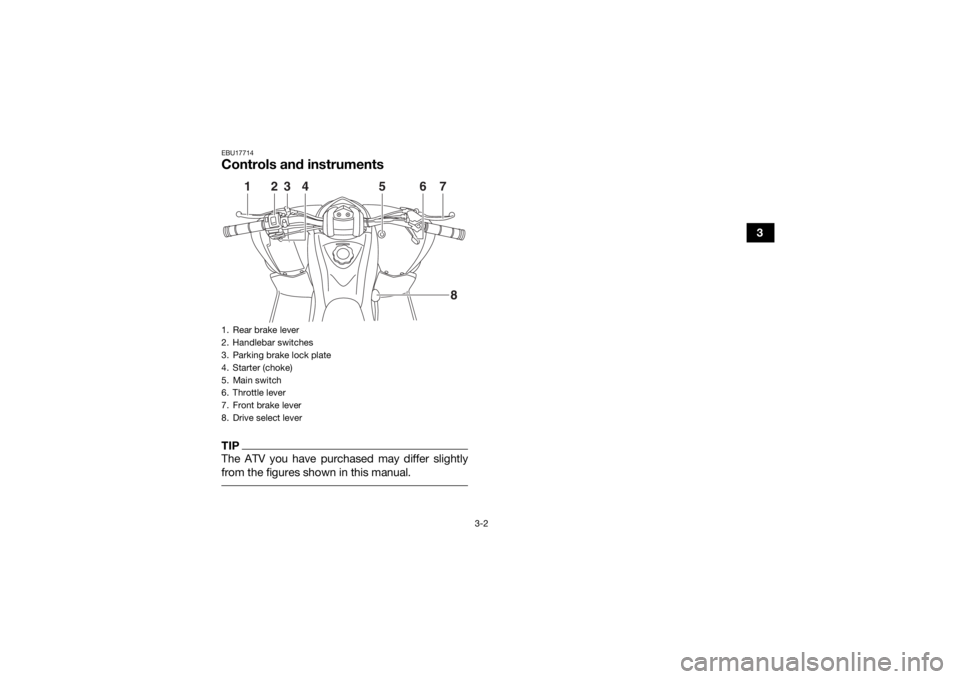 YAMAHA YFM90 2017  Owners Manual 3-2
3
EBU17714Controls and instrumentsTIPThe ATV you have purchased may differ slightly
from the figures shown in this manual. 1. Rear brake lever
2. Handlebar switches
3. Parking brake lock plate
4. 