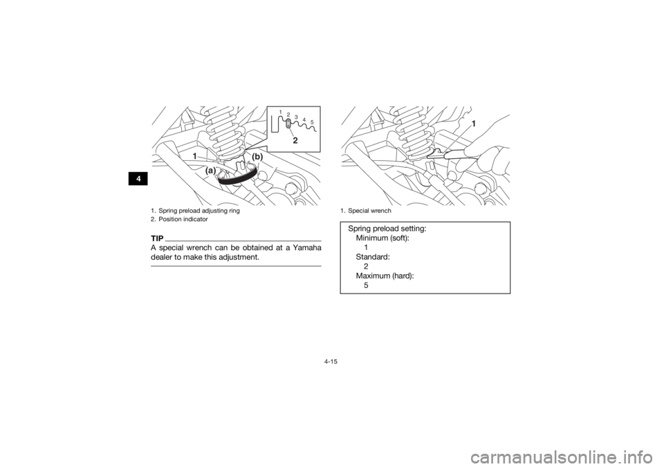 YAMAHA YFM90 2017  Owners Manual 4-15
4
TIPA special wrench can be obtained at a Yamaha
dealer to make this adjustment. 1. Spring preload adjusting ring
2. Position indicator
123 45
2
1
(a)
(b)
1. Special wrenchSpring preload setting
