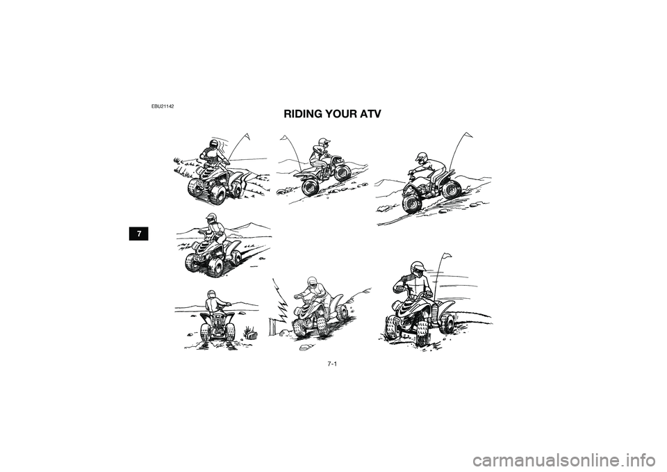 YAMAHA YFM90 2016  Owners Manual 7-1
7
EBU21142
RIDING YOUR ATV
UBD360E0.book  Page 1  Wednesday, February 25, 2015  2:41 PM 