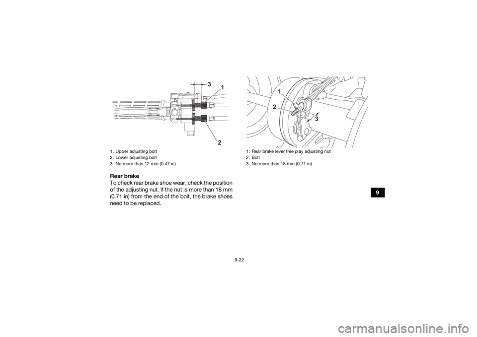YAMAHA YFM90R 2021  Owners Manual 9-22
9
Rear brake
To check rear brake shoe wear, check the position
of the adjusting nut. If the nut is more than 18 mm
(0.71 in) from the end of the bolt, the brake shoes
need to be replaced.
1. Uppe