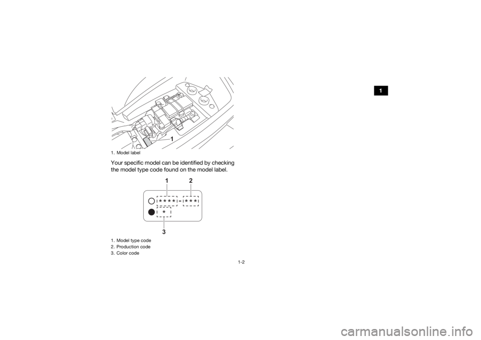 YAMAHA YFM90R 2021  Owners Manual 1-2
1
Your specific model can be identified by checking
the model type code found on the model label.
1. Model label
1. Model type code
2. Production code
3. Color code
1
*
**** 
-
 ***1
3
2
UBD365E0.