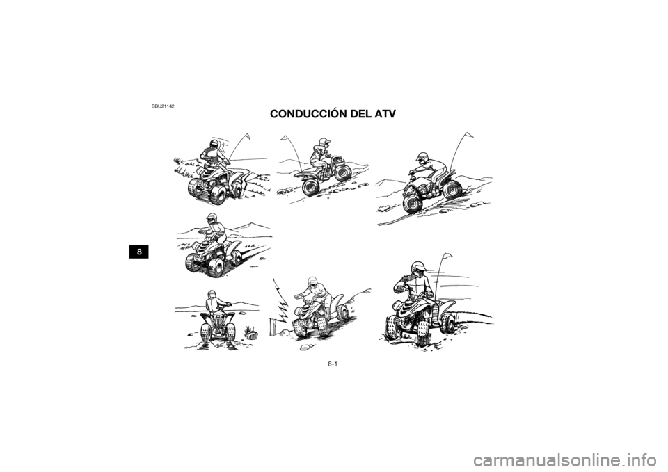YAMAHA YFM90R 2021  Manuale de Empleo (in Spanish) 8-1
8
SBU21142
CONDUCCIÓN DEL ATV
UBD365S0.book  Page 1  Friday, January 24, 2020  3:24 PM 