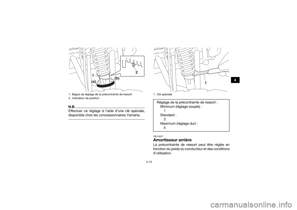 YAMAHA YFM90R 2020  Notices Demploi (in French) 4-15
4
N.B.Effectuer ce réglage à l’aide d’une clé spéciale,
disponible chez les concessionnaires Yamaha. 
FBU19027Amortisseur arrièreLa précontrainte de ressort peut être réglée en
fonct