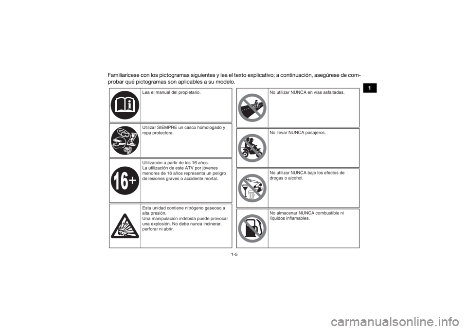 YAMAHA YFZ450 2019  Manuale de Empleo (in Spanish) 1-5
1
Familiarícese con los pictogramas siguientes y lea el texto explicativo; a continuación, asegúrese de com-
probar qué pictogramas son aplicables a su modelo.
Lea el manual del propietario.
U