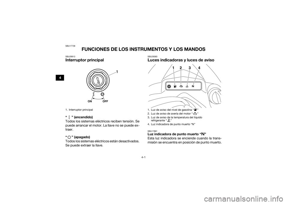 YAMAHA YFZ450 2019  Manuale de Empleo (in Spanish) 4-1
4
SBU17739
FUNCIONES DE LOS INSTRUMENTOS Y LOS MANDOS
SBU29913Interruptor principal“ ” (encendido)
Todos los sistemas eléctricos reciben tensión. Se
puede arrancar el motor. La llave no se p