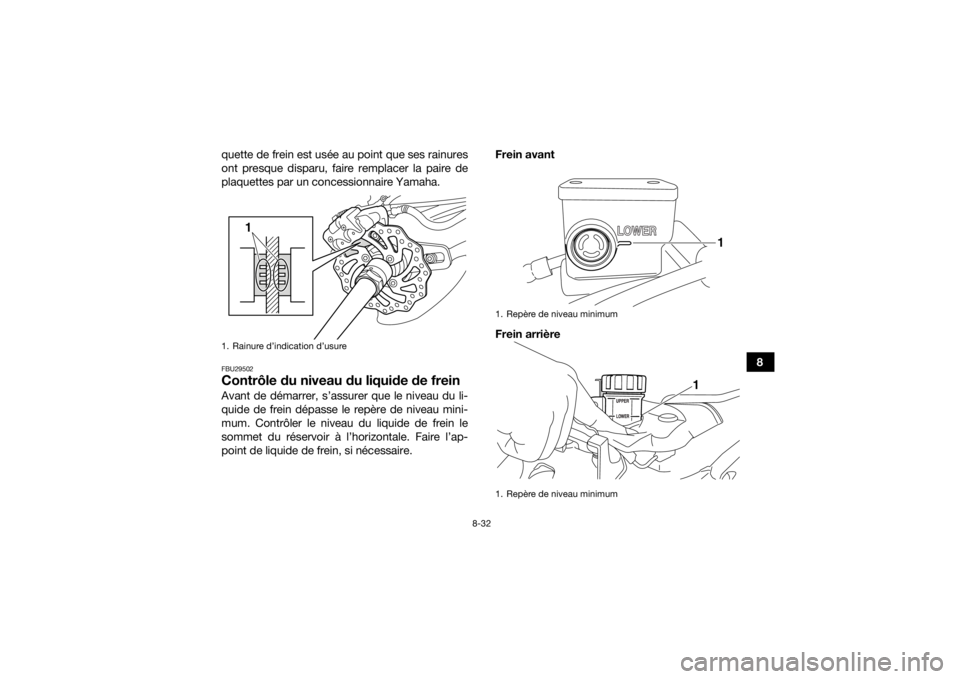 YAMAHA YFZ450 2019  Notices Demploi (in French) 8-32
8
quette de frein est usée au point que ses rainures
ont presque disparu, faire remplacer la paire de
plaquettes par un concessionnaire Yamaha.
FBU29502Contrôle du niveau du liquide de freinAva