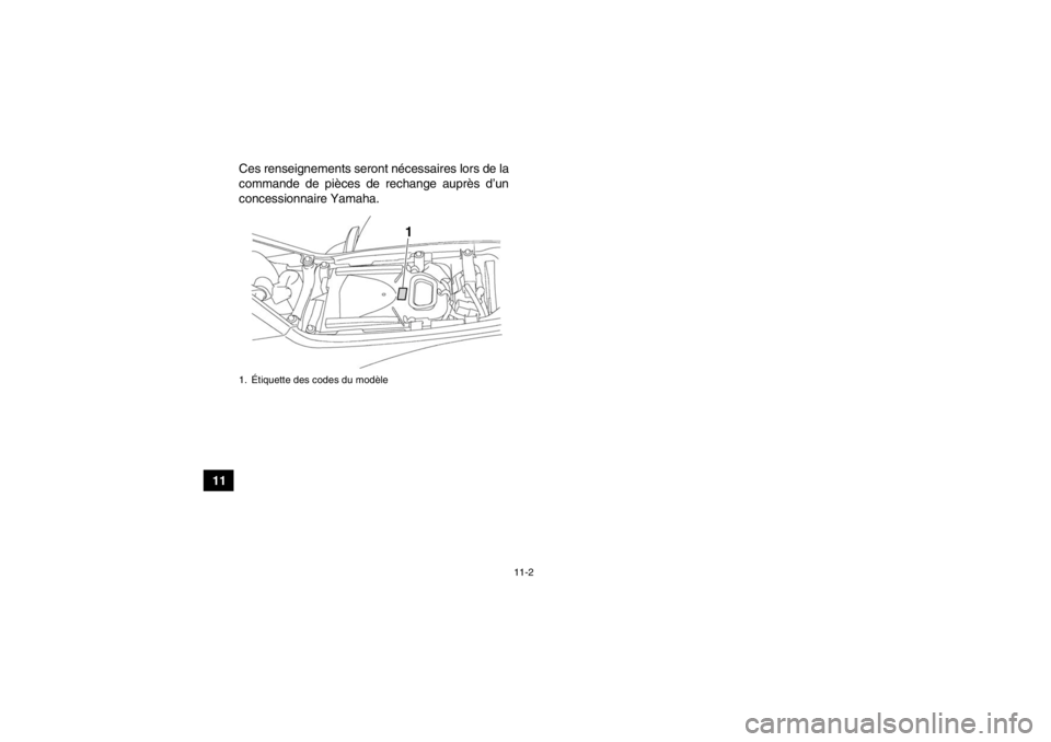 YAMAHA YFZ450 2013  Notices Demploi (in French) 11-2
11Ces renseignements seront nécessaires lors de la
commande de pièces de rechange auprès d’un
concessionnaire Yamaha.
1. Étiquette des codes du modèle
1
U1PD61F0.book  Page 2  Tuesday, Feb