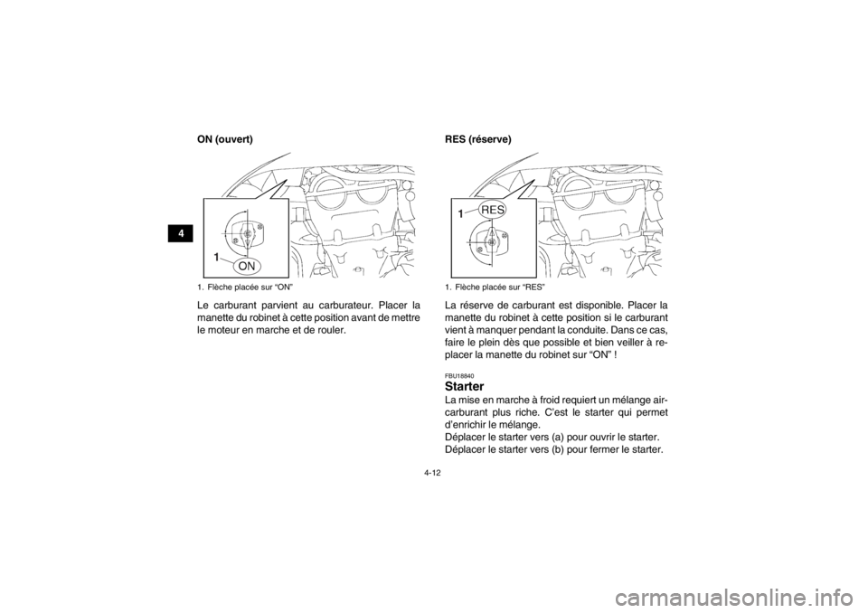 YAMAHA YFZ450 2013  Notices Demploi (in French) 4-12
4ON (ouvert)
Le carburant parvient au carburateur. Placer la
manette du robinet à cette position avant de mettre
le moteur en marche et de rouler. RES (réserve)
La réserve de carburant est dis