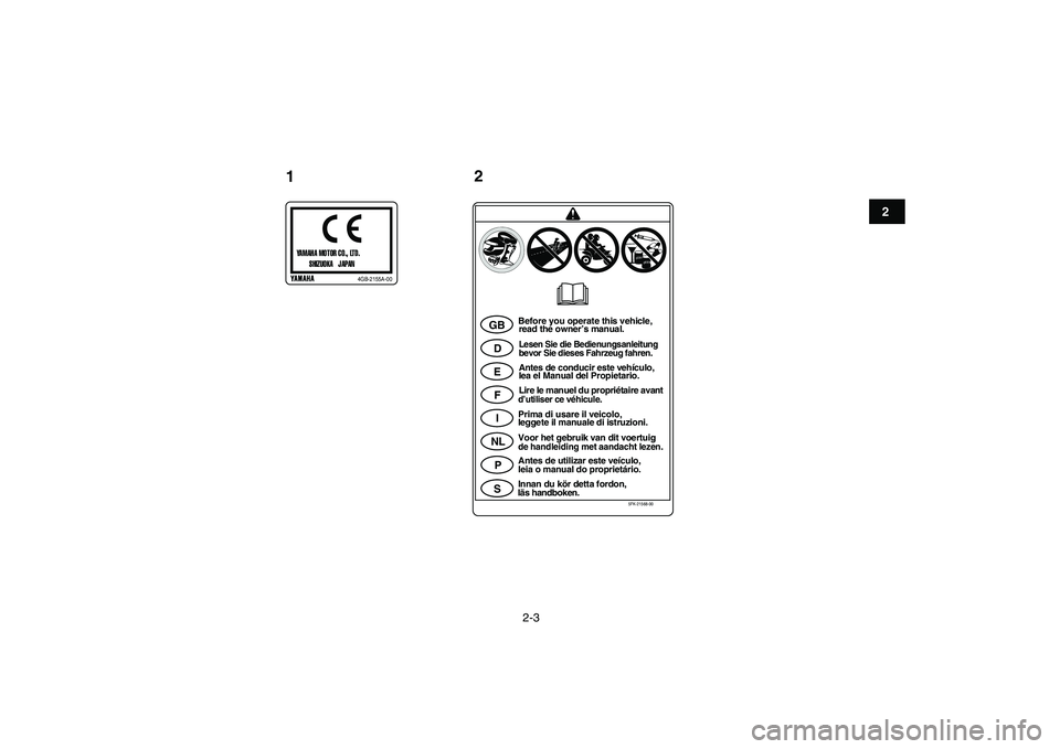 YAMAHA YFZ450 2009  Owners Manual  
2-3 
12
3
4
5
6
7
8
9
10
11
YAMAHA MOTOR CO., LTD.
SHIZUOKA   JAPANp
4GB-2155A-00
GB
D
E
F
I
NL
P
S
Before you operate this vehicle,
read the owner’s manual.Lesen Sie die Bedienungsanleitung
bevor