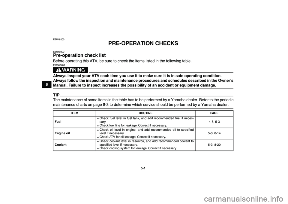 YAMAHA YFZ450 2009 Owners Manual
5-1
1
2
3
45
6
7
8
9
10
11
EBU19200
PRE-OPERATION CHECKS
EBU19222
Pre-operation check list
Before operating this ATV, be sure to check the items listed in the following table.
WARNING
EWB0 YAMAHA YFZ450 2009 Owners Manual
5-1
1
2
3
45
6
7
8
9
10
11
EBU19200
PRE-OPERATION CHECKS
EBU19222
Pre-operation check list
Before operating this ATV, be sure to check the items listed in the following table.
WARNING
EWB0