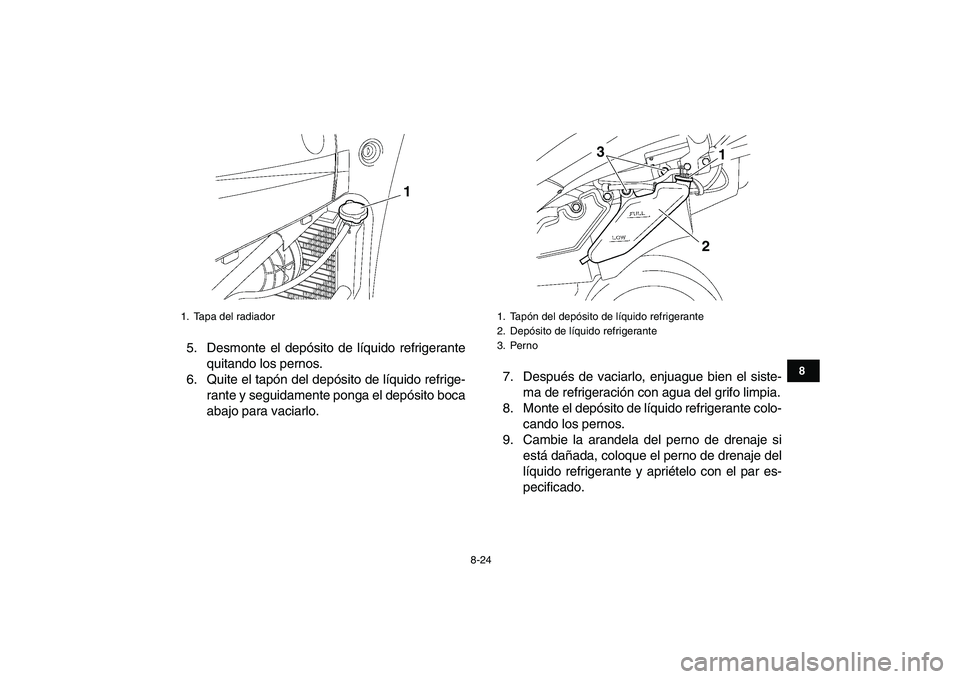YAMAHA YFZ450 2009  Manuale de Empleo (in Spanish)  
8-24 
1
2
3
4
5
6
78
9
10
11
 
5. Desmonte el depósito de líquido refrigerante
quitando los pernos.
6. Quite el tapón del depósito de líquido refrige-
rante y seguidamente ponga el depósito bo