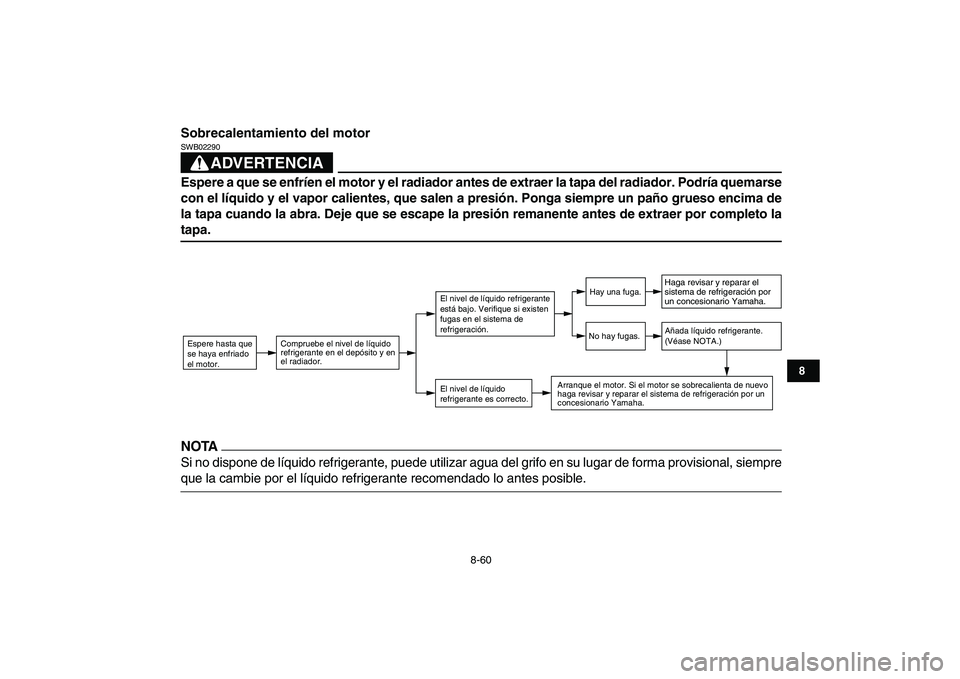 YAMAHA YFZ450 2009 Manuale de Empleo (in Spanish)
8-60
1
2
3
4
5
6
78
9
10
11
Sobrecalentamiento del motor
ADVERTENCIA
SWB02290
Espere a que se enfríen el motor y el radiador antes de extraer la tapa del radiador. Podría quemarse
con el l YAMAHA YFZ450 2009 Manuale de Empleo (in Spanish)
8-60
1
2
3
4
5
6
78
9
10
11
Sobrecalentamiento del motor
ADVERTENCIA
SWB02290
Espere a que se enfríen el motor y el radiador antes de extraer la tapa del radiador. Podría quemarse
con el l
