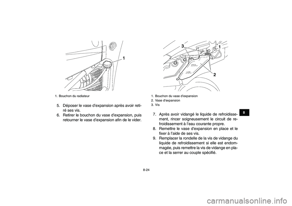 YAMAHA YFZ450 2009  Notices Demploi (in French)  
8-24 
1
2
3
4
5
6
78
9
10
11
 
5. Déposer le vase d’expansion après avoir reti-
ré ses vis.
6. Retirer le bouchon du vase d’expansion, puis
retourner le vase d’expansion afin de le vider.7.