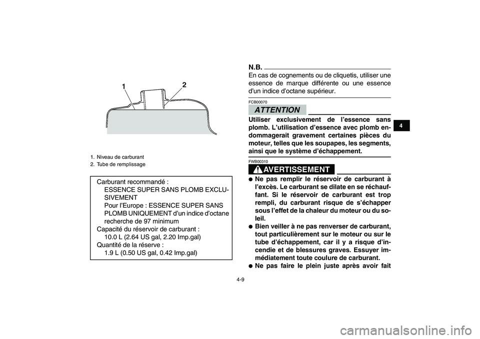 YAMAHA YFZ450 2009 Notices Demploi (in French)
4-9
1
2
34
5
6
7
8
9
10
11
N.B.
En cas de cognements ou de cliquetis, utiliser une
essence de marque différente ou une essence
d’un indice d’octane supérieur.ATTENTION
FCB00070
Utiliser YAMAHA YFZ450 2009 Notices Demploi (in French)
4-9
1
2
34
5
6
7
8
9
10
11
N.B.
En cas de cognements ou de cliquetis, utiliser une
essence de marque différente ou une essence
d’un indice d’octane supérieur.ATTENTION
FCB00070
Utiliser
