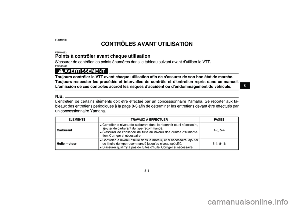 YAMAHA YFZ450 2009 Notices Demploi (in French)
5-1
1
2
3
45
6
7
8
9
10
11
FBU19200
CONTRÔLES AVANT UTILISATION
FBU19222
Points à contrôler avant chaque utilisation
S’assurer de contrôler les points énumérés dans le tableau suiva YAMAHA YFZ450 2009 Notices Demploi (in French)
5-1
1
2
3
45
6
7
8
9
10
11
FBU19200
CONTRÔLES AVANT UTILISATION
FBU19222
Points à contrôler avant chaque utilisation
S’assurer de contrôler les points énumérés dans le tableau suiva