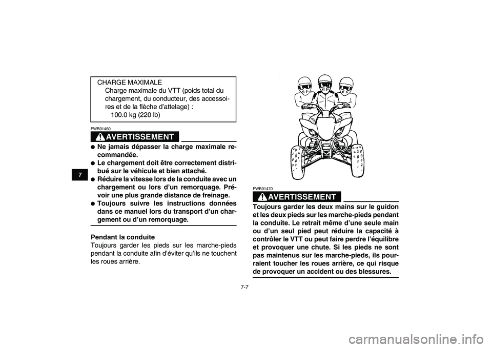 YAMAHA YFZ450 2009 Notices Demploi (in French)
7-7
1
2
3
4
5
67
8
9
10
11
AVERTISSEMENT
FWB01460
Ne jamais dépasser la charge maximale re-
commandée.
Le chargement doit être correctement distri-
bué sur le véhicule et bien attac YAMAHA YFZ450 2009 Notices Demploi (in French)
7-7
1
2
3
4
5
67
8
9
10
11
AVERTISSEMENT
FWB01460
Ne jamais dépasser la charge maximale re-
commandée.
Le chargement doit être correctement distri-
bué sur le véhicule et bien attac