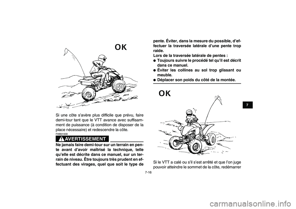 YAMAHA YFZ450 2009  Notices Demploi (in French)  
7-16 
1
2
3
4
5
67
8
9
10
11
 
Si une côte s’avère plus difficile que prévu, faire
demi-tour tant que le VTT avance avec suffisam-
ment de puissance (à condition de disposer de la
place néces