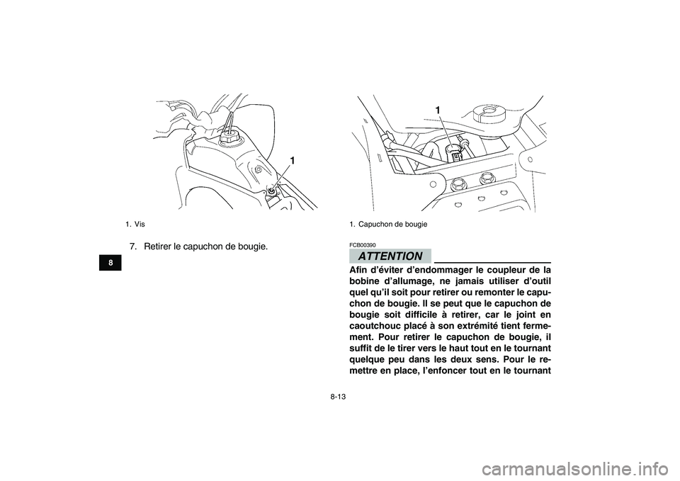 YAMAHA YFZ450 2009  Notices Demploi (in French)  
8-13 
1
2
3
4
5
6
78
9
10
11
 
7. Retirer le capuchon de bougie.ATTENTION 
FCB00390  
Afin d’éviter d’endommager le coupleur de la
bobine d’allumage, ne jamais utiliser d’outil
quel qu’il