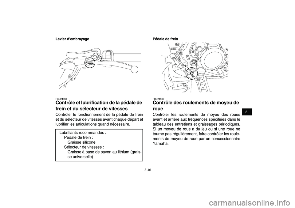YAMAHA YFZ450 2008  Notices Demploi (in French)  
8-46 
1
2
3
4
5
6
78
9
10
11
Levier d’embrayage
 
FBU24931 
Contrôle et lubrification de la pédale de 
frein et du sélecteur de vitesses  
Contrôler le fonctionnement de la pédale de frein
et